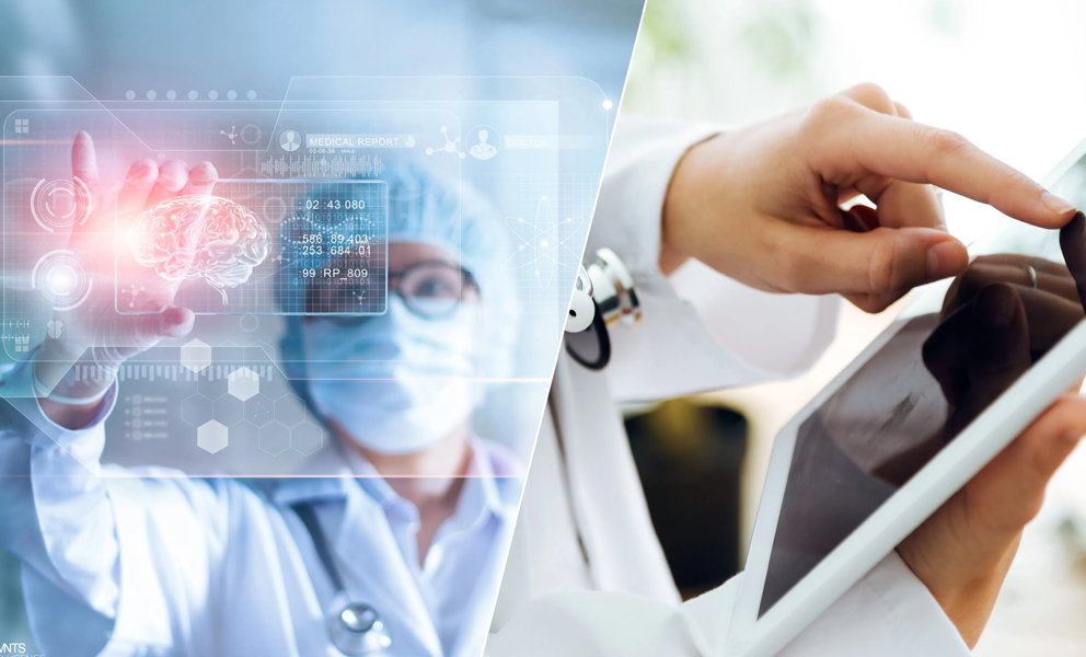 AI system processing medical data visualizations on computer monitors