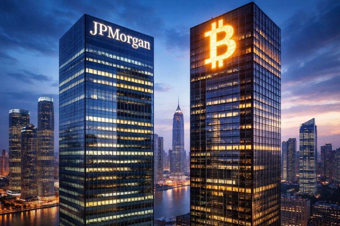 J.P. Morgan headquarters with Bitcoin price projection chart