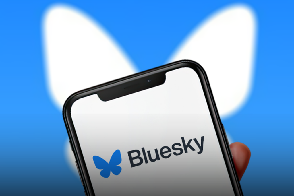 Bluesky logo with funding and growth statistics showing 43 million users and $100 million Series B