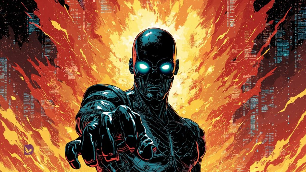 DC comic book style illustration of a humanoid AI robot emerging from a swirling cloud of code and data streams, with glowing cyan eyes and intricate circuit patterns on metallic skin.
