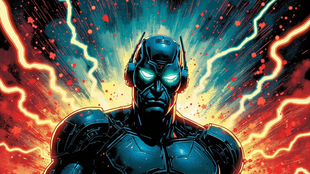 DC comic book style illustration of a powerful humanoid AI robot emerging from a swirling cloud of glowing code with cyan eyes and circuit patterns on metallic skin, blue and red color palette with lightning bolts in the background.
