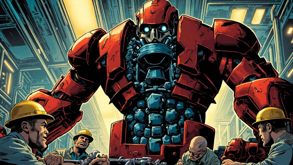 DC comic style hero image: a giant humanoid AI robot towering over a Detroit auto assembly line while veteran factory workers in hard hats tighten bolts and retrain the machines.