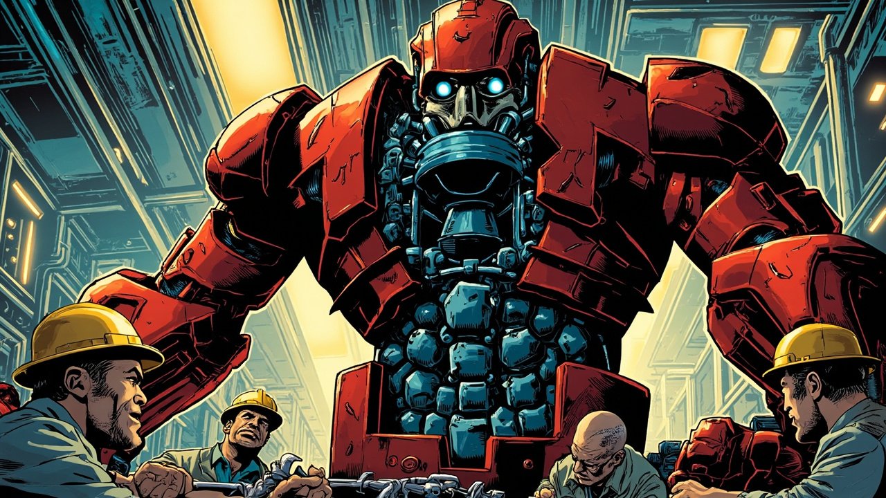 DC comic style hero image: a giant humanoid AI robot towering over a Detroit auto assembly line while veteran factory workers in hard hats tighten bolts and retrain the machines.