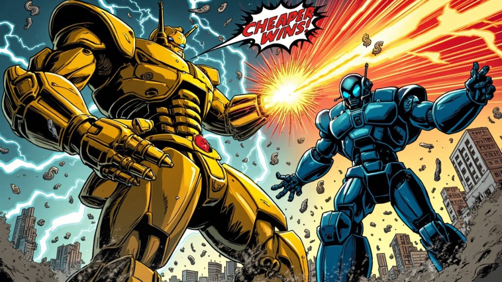 DC Comic style illustration of a giant gold premium AI robot towering over a smaller blue underdog robot amid lightning and dollar signs.