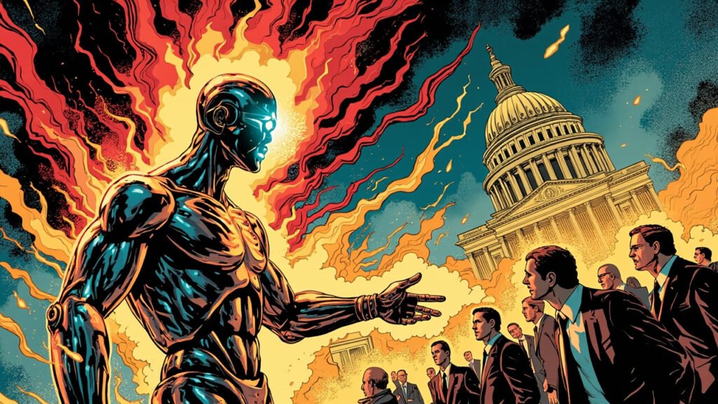 DC comic style illustration of an AI robot extending a glowing handshake toward California government workers, with the state capitol building in the background