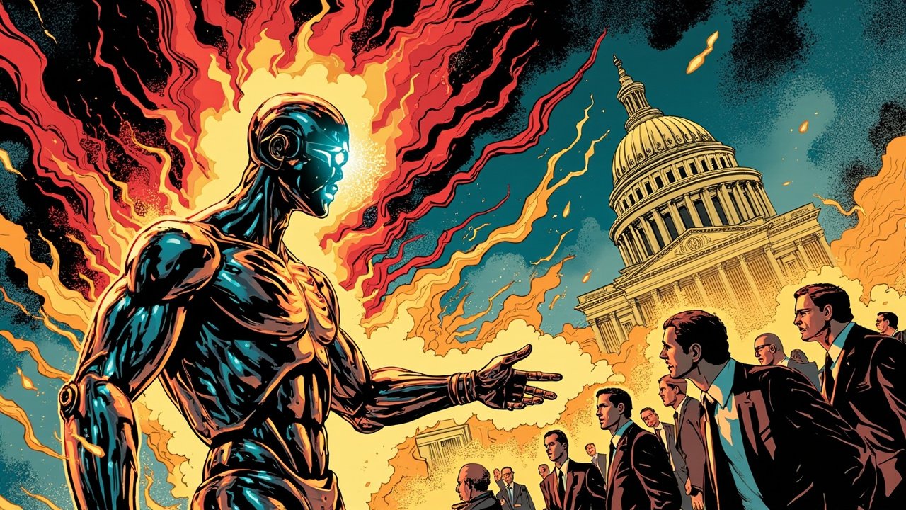 DC comic style illustration of an AI robot extending a glowing handshake toward California government workers, with the state capitol building in the background
