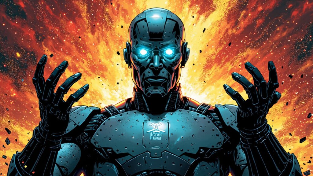 DC comic illustration of a humanoid AI robot with glowing cyan eyes emerging from swirling code, representing the GPT-5.6 launch under federal review.