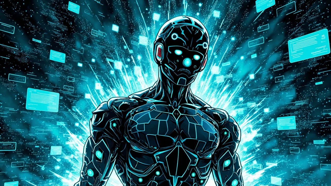 DC comic style illustration of an Anthropic Claude Tag AI robot teammate emerging from a glowing workspace of code and data streams with Slack message bubbles