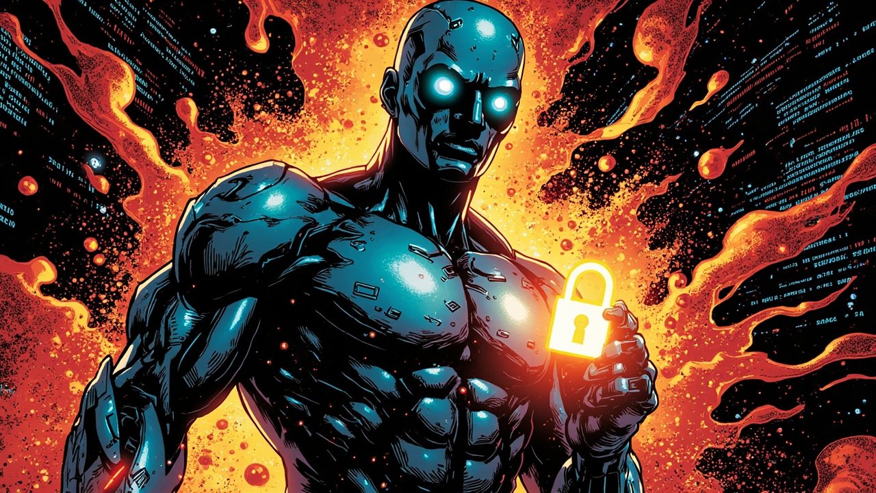 DC comic style illustration of a powerful AI robot emerging from data, with a glowing digital lock unlocking, symbolizing the U.S. clearance of Anthropic's Mythos 5 model