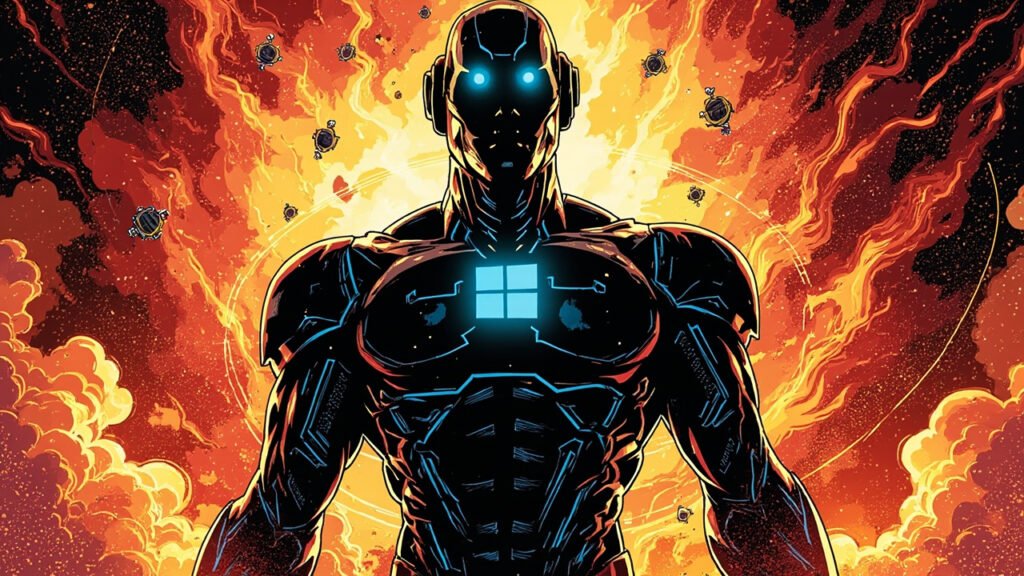 DC comic book illustration of a powerful humanoid AI robot emerging from glowing code with seven orbiting satellites representing the seven Microsoft MAI models