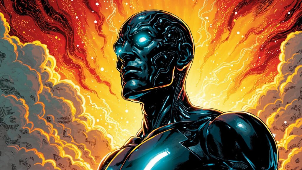 DC comic style illustration of a humanoid AI robot emerging from a cloud of code, with a philosopher silhouette debating the machine, saturated primary colors and bold black ink outlines