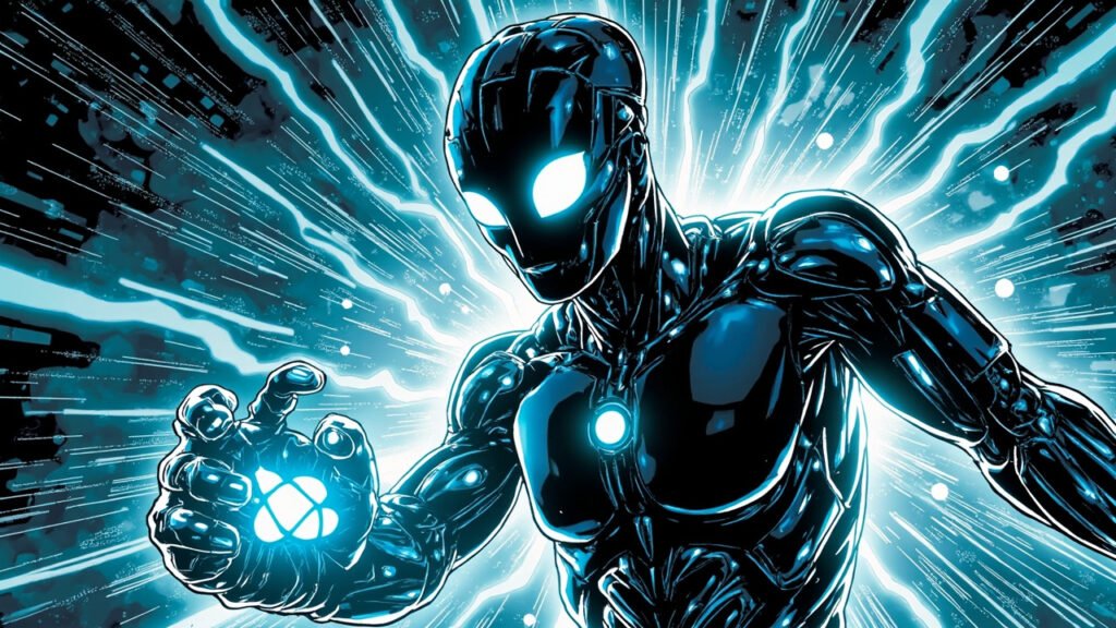 DC comic style illustration of a powerful humanoid AI robot with glowing cyan eyes emerging from swirling code and data streams
