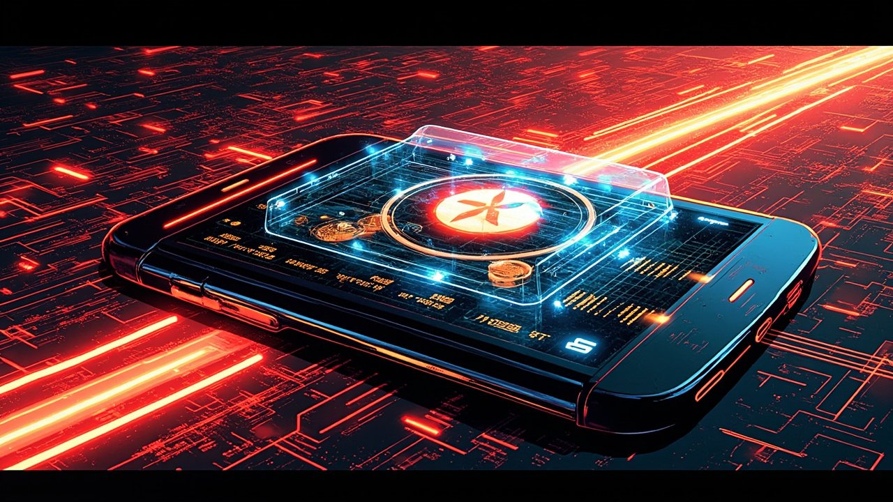 DC comic style illustration of a sleek futuristic smartphone with holographic UI floating above glowing circuit boards