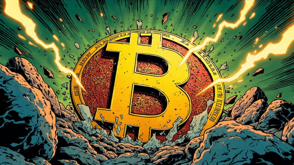 DC comic style illustration of a massive golden Bitcoin symbol cracking through stone with lightning bolts in a dramatic downward plunge, bold green and gold palette