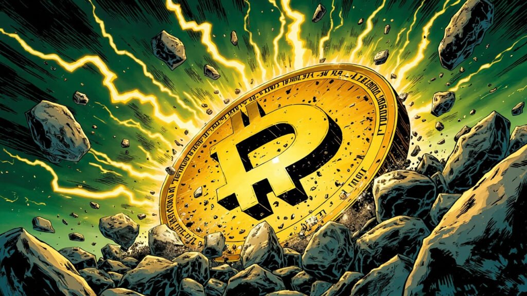 DC comic style illustration of a massive golden Bitcoin symbol cracking through stone with lightning bolts in the background