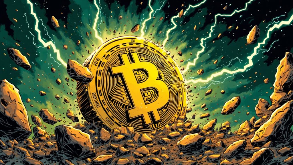 DC comic book style illustration of a massive golden Bitcoin symbol cracking through stone with explosive force, lightning bolts in the background.