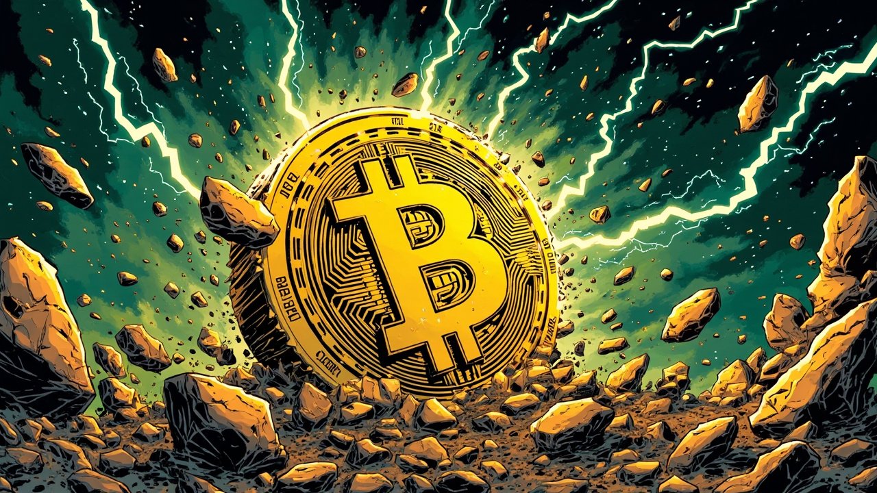 DC comic book style illustration of a massive golden Bitcoin symbol cracking through stone with explosive force, lightning bolts in the background.