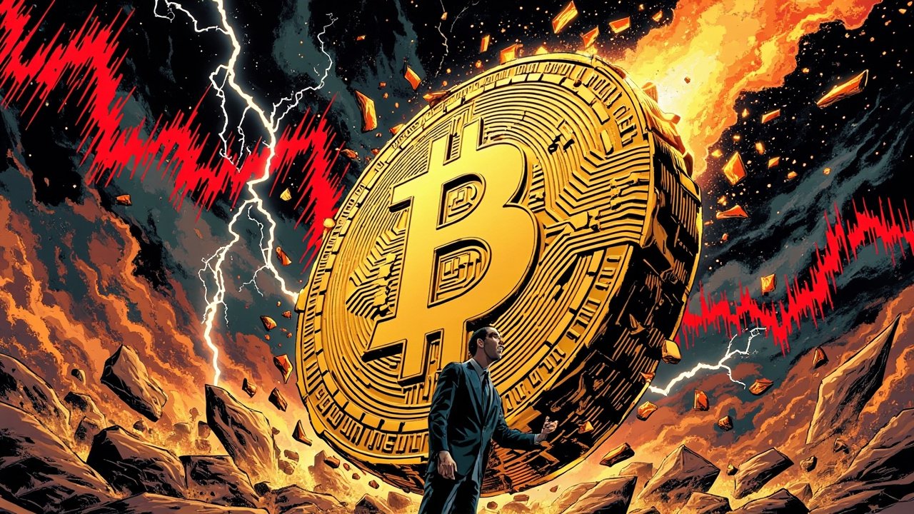 DC Comic style illustration of a shattering golden Bitcoin coin falling like a meteor on a corporate warrior in a suit under a stormy red and black sky.