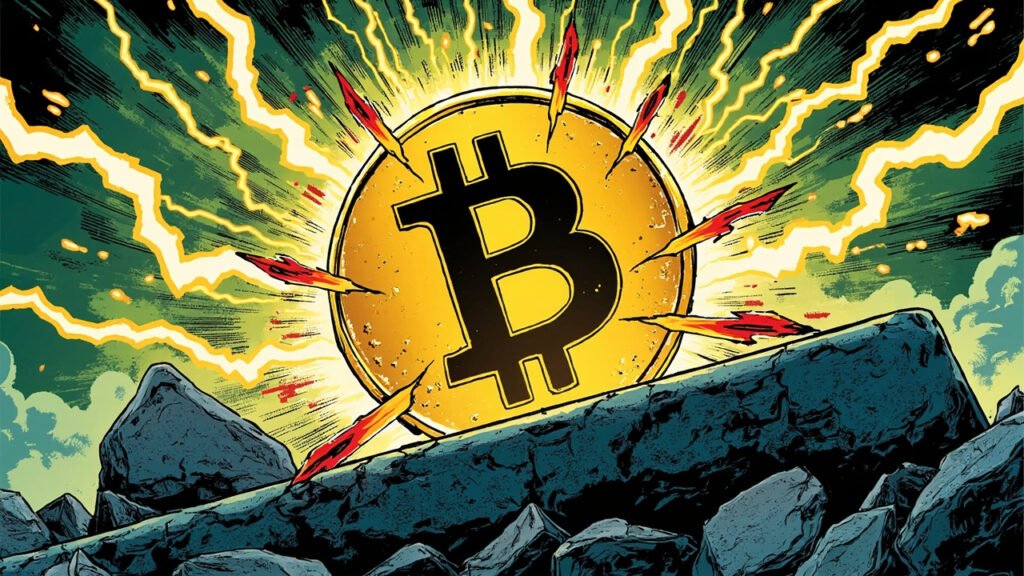 DC comic book style illustration of a massive golden Bitcoin symbol cracking through a stone tablet with lightning bolts in the background, green and gold color palette with explosive action lines radiating outward.