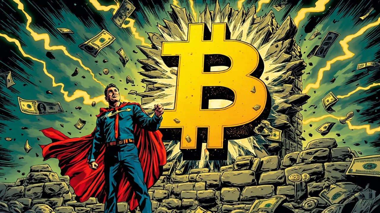 DC comic style illustration of a massive golden Bitcoin symbol cracking through a stone wall with a businessman in a cape standing triumphantly