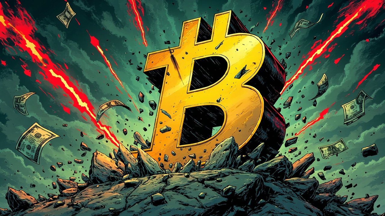 Bitcoin ETF outflows streak, illustrated in DC comic book style with cracked golden Bitcoin symbols, red downward arrows, halftone shading, and bold black ink outlines.