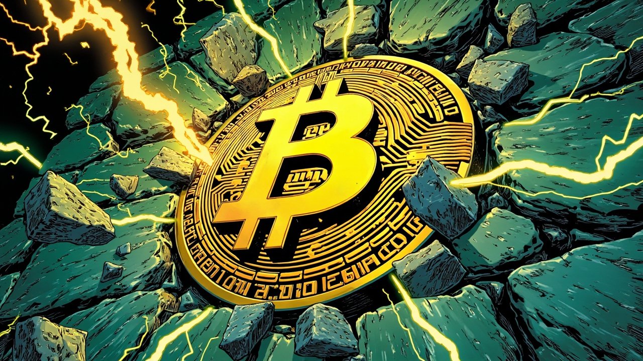 DC comic illustration of a massive golden Bitcoin symbol cracking through stone with lightning bolts and falling price charts in the background.