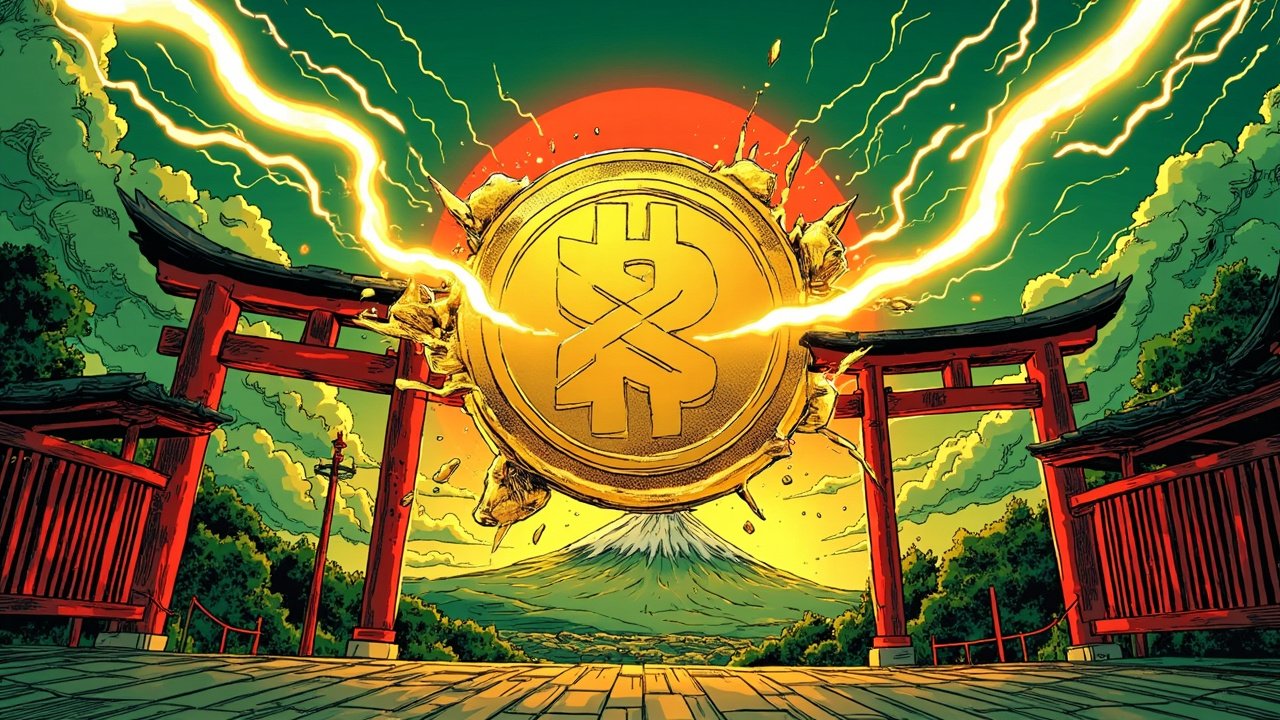 DC comic style illustration of a golden Ripple RLUSD stablecoin emblem breaking through Japanese torii gates with Mount Fuji and rising sun background