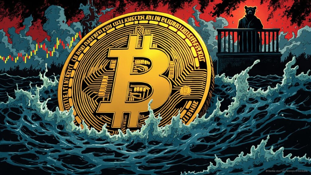 DC comic style illustration of a massive golden Bitcoin coin sinking slowly into dark water, with a lone bearish investor watching from above, price charts tumbling