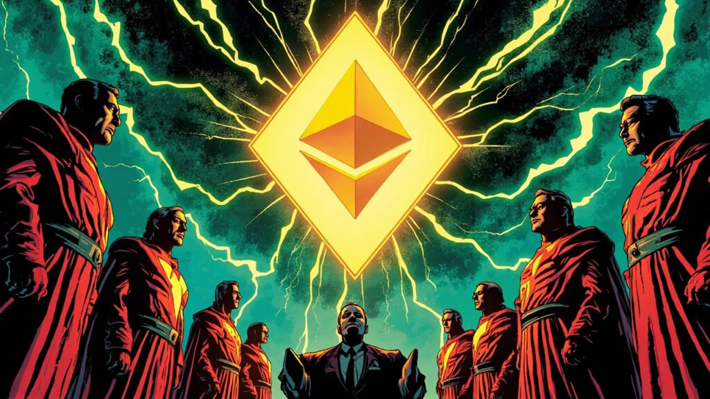 DC comic book illustration of a glowing Ethereum diamond emblem surrounded by reorganizing protocol architects with lightning bolts radiating outward