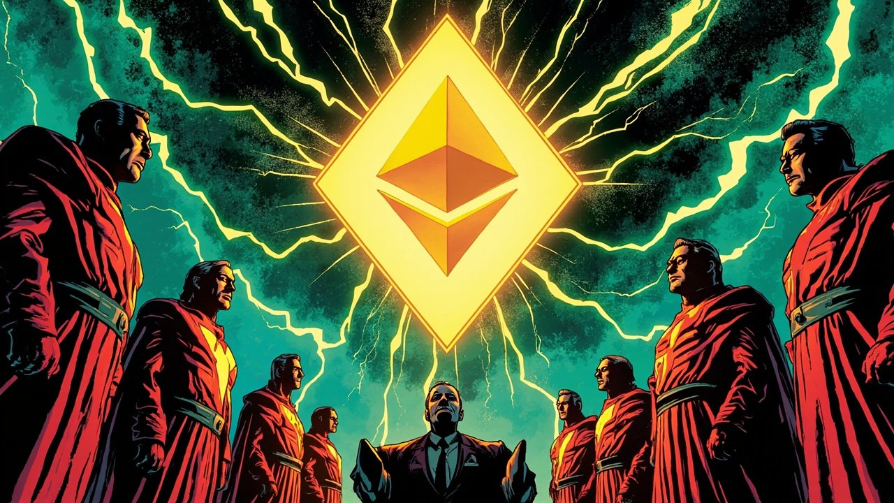 DC comic book illustration of a glowing Ethereum diamond emblem surrounded by reorganizing protocol architects with lightning bolts radiating outward
