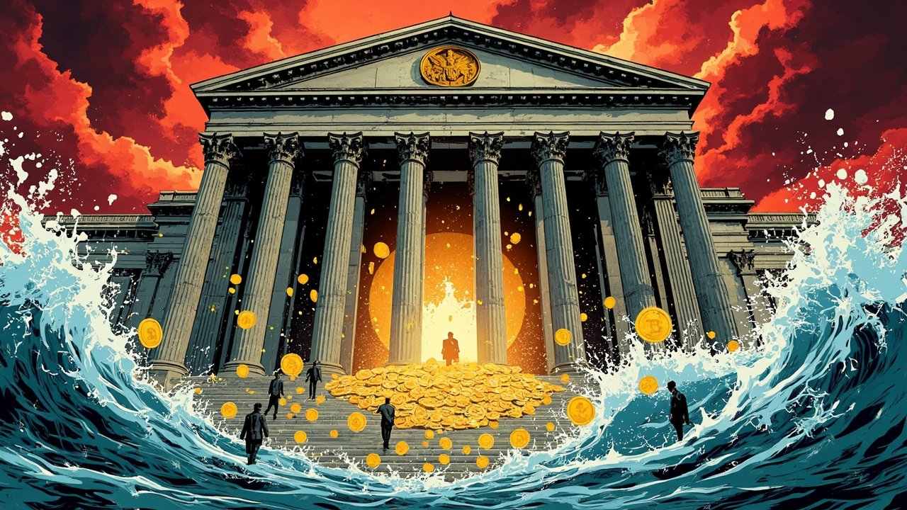 DC comic style hero image: an imposing Bank for International Settlements temple with a giant golden central bank seal above the columns, while a wave of glowing stablecoin tokens crashes against the steps.