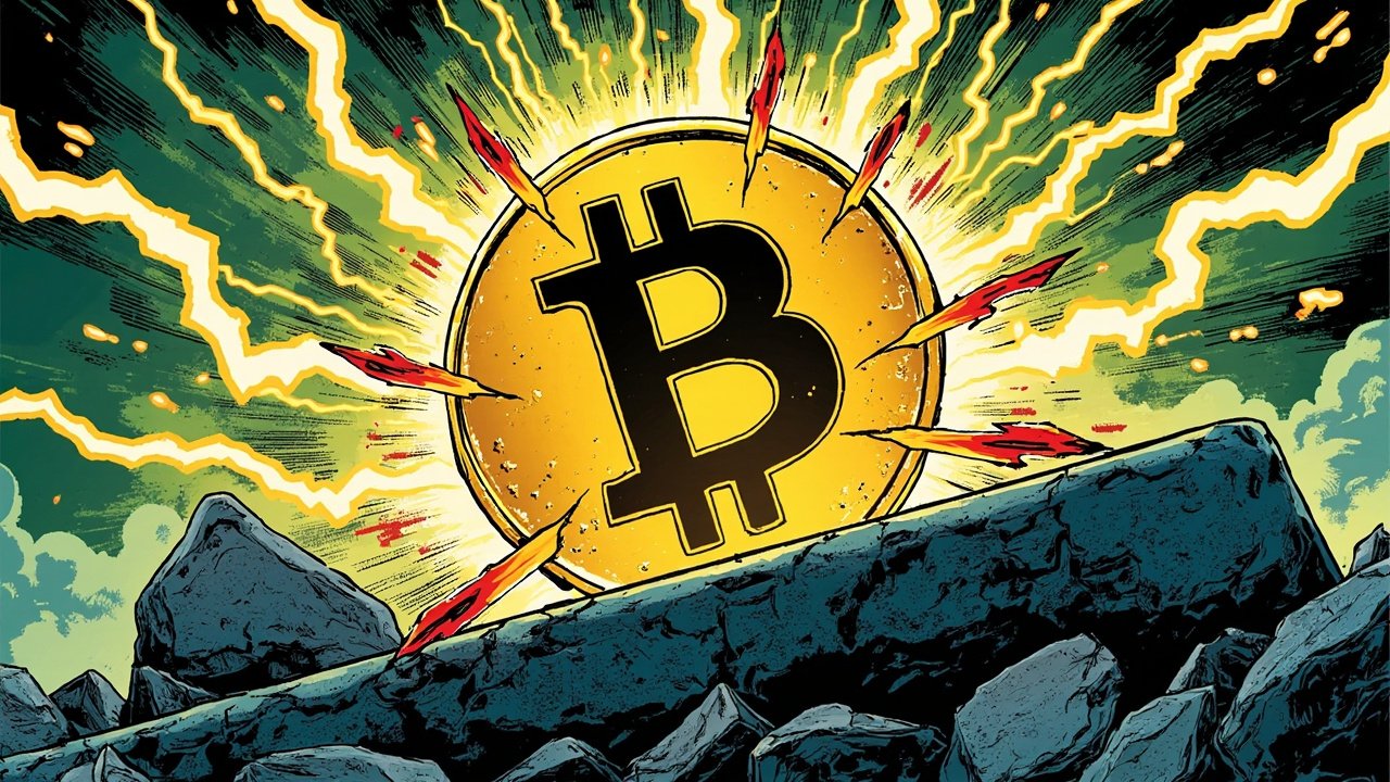 DC comic book style illustration of a massive golden Bitcoin symbol cracking through a stone tablet with lightning bolts in the background, green and gold color palette with explosive action lines radiating outward.