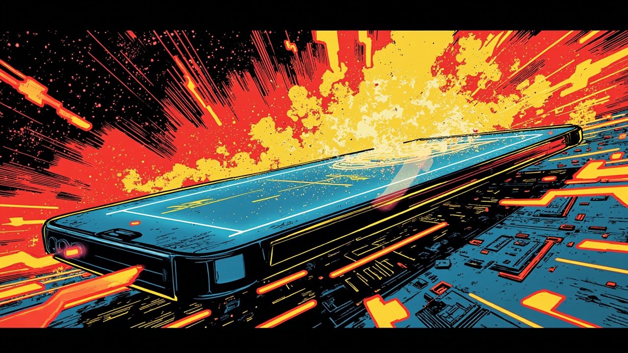 DC comic style illustration of a sleek futuristic smartphone with holographic UI floating above circuit boards surrounded by glowing data streams