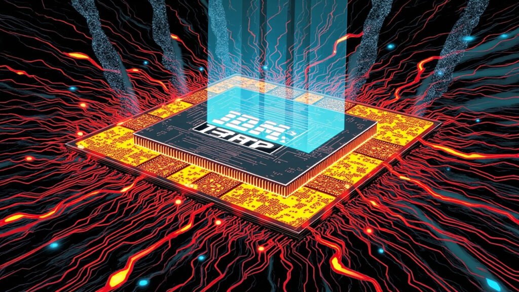 DC comic book style illustration of a futuristic microprocessor chip glowing with sub-nanometer circuitry and vertical stacked transistor layers.
