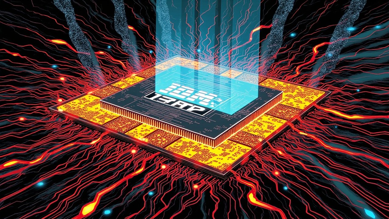 DC comic book style illustration of a futuristic microprocessor chip glowing with sub-nanometer circuitry and vertical stacked transistor layers.