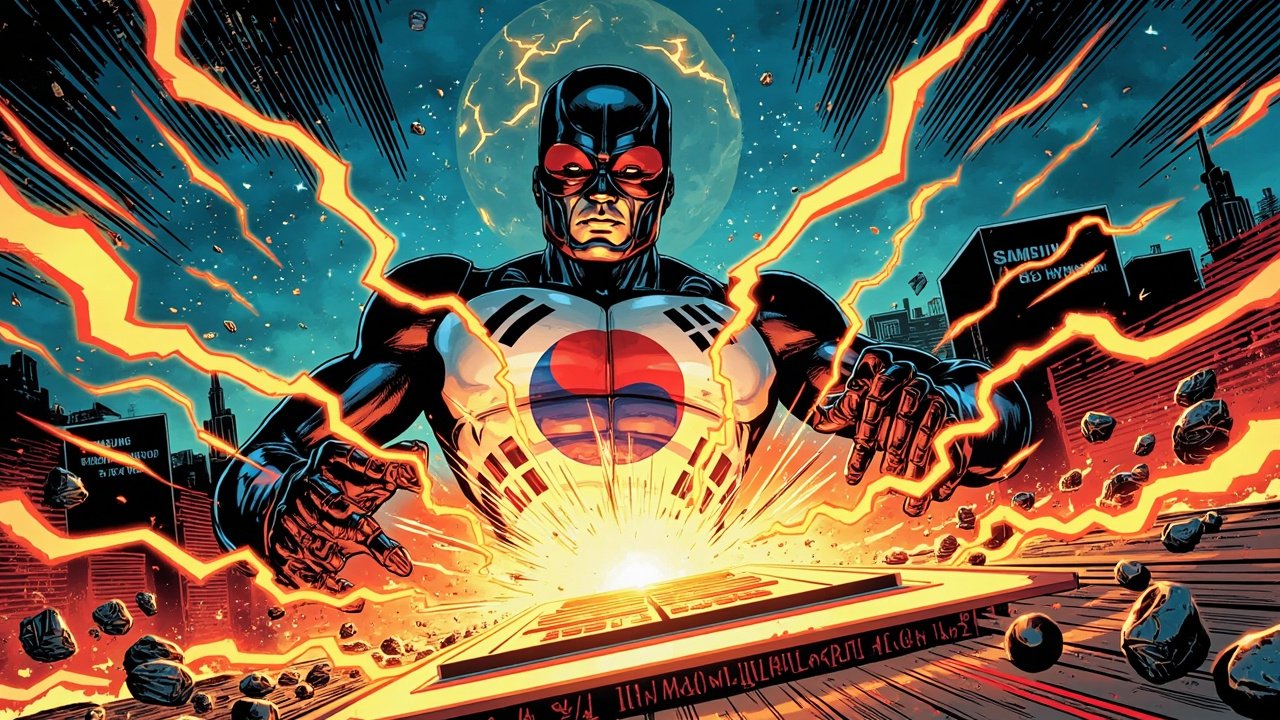 DC Comic style illustration of a heroic Korean flag robot building a glowing semiconductor chip with lightning bolt hands as a trillion dollar golden seal floats above.