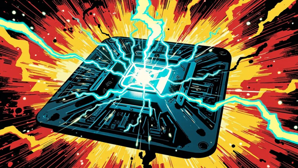 DC comic book style illustration of a sleek futuristic microchip with glowing cyan circuits and a silicon crystal center, lightning bolts emanating from the chip, blue and red color palette with a dramatic explosion of data streams in the background.