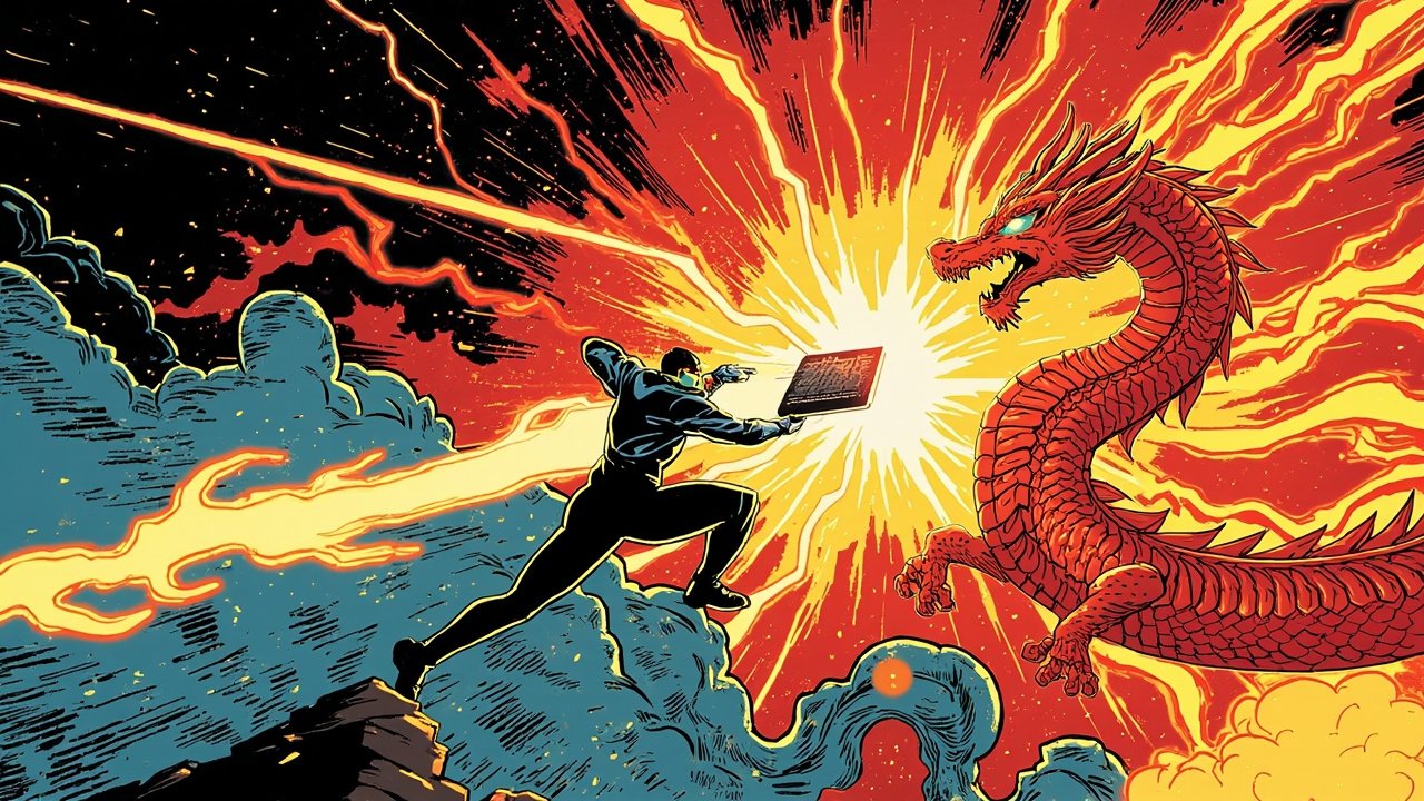 DC comic style illustration of an AI chip battling a giant red Chinese dragon representing Huawei in a dramatic action scene