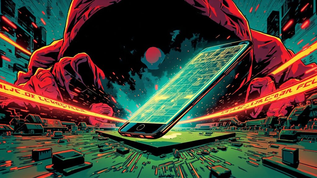 Apple iPhone 18 Pro leak via Tata Electronics data breach, illustrated in DC comic book style with exposed iPhone prototype, glowing data streams, and bold halftone shading.