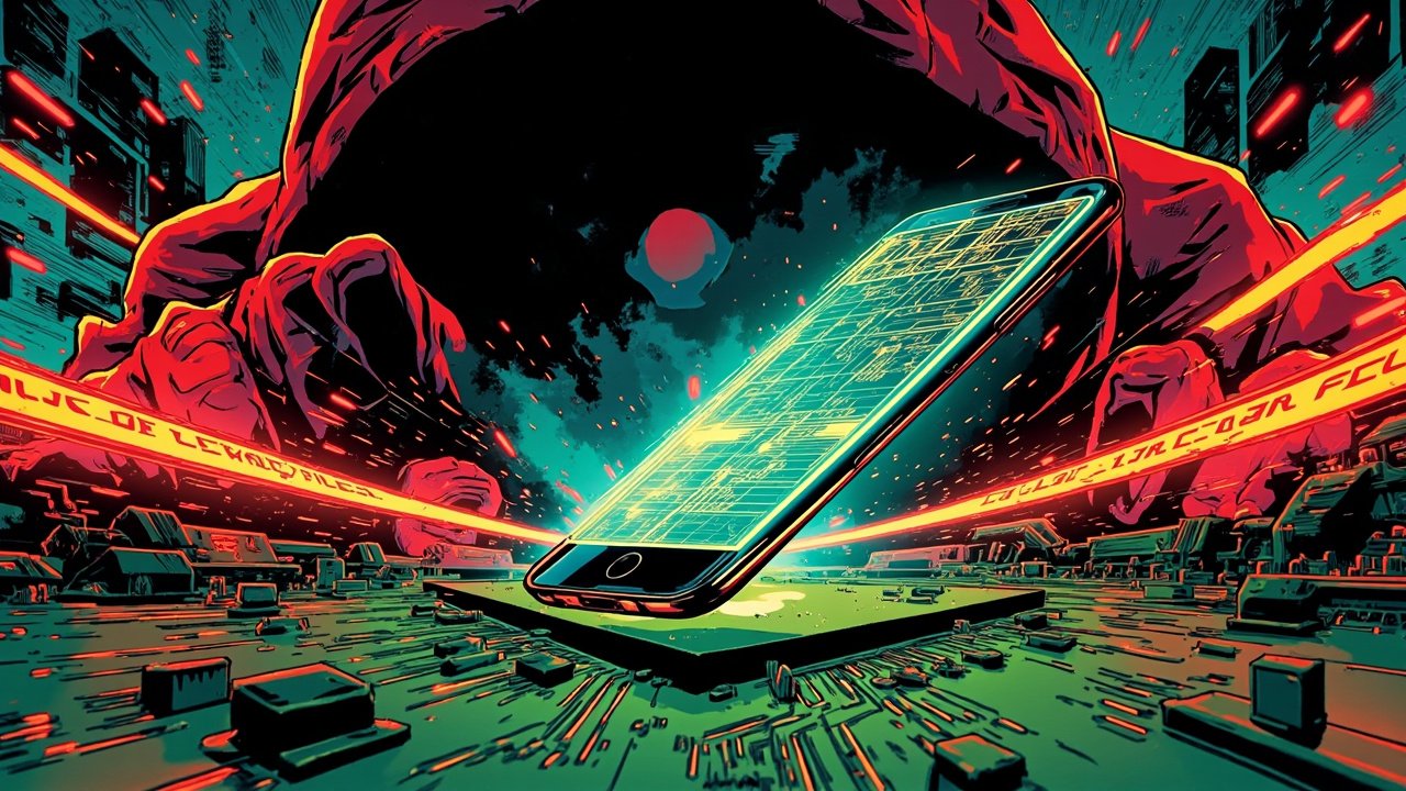 Apple iPhone 18 Pro leak via Tata Electronics data breach, illustrated in DC comic book style with exposed iPhone prototype, glowing data streams, and bold halftone shading.