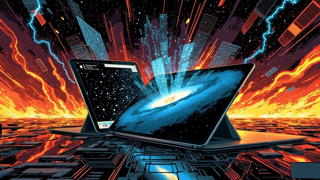 DC comic illustration of an Apple iPad and MacBook on a circuit-board surface with floating price tags and chip wafers in the background.