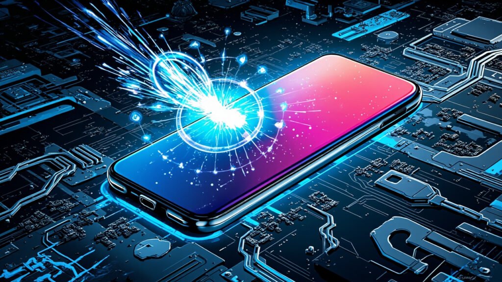 DC comic style illustration of a sleek Samsung Galaxy A27 5G smartphone with holographic AI feature icons floating above the AMOLED display