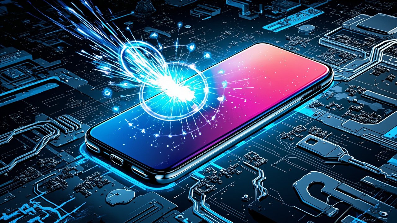 DC comic style illustration of a sleek Samsung Galaxy A27 5G smartphone with holographic AI feature icons floating above the AMOLED display