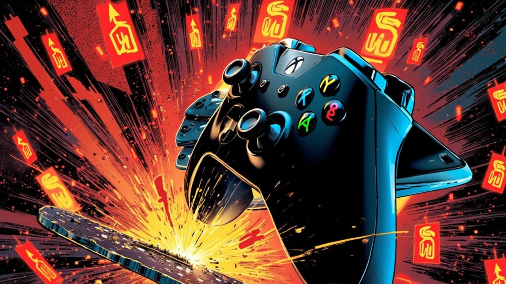 DC comic style illustration of a futuristic smartphone and Xbox controller with floating price tags and dollar signs, microchips glowing beneath, red up arrow on prices