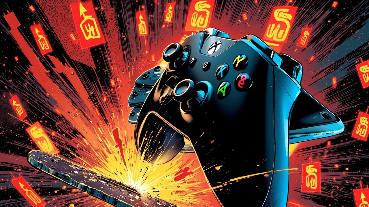 DC comic style illustration of a futuristic smartphone and Xbox controller with floating price tags and dollar signs, microchips glowing beneath, red up arrow on prices