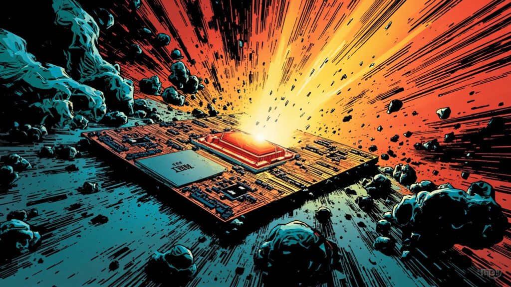 DC comic book illustration of a dramatic cross-section view of a futuristic silicon chip with vertical stacked transistor layers glowing with circuit pathways