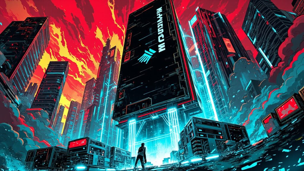 DC comic style hero image: a colossal Micron memory chip standing like a skyscraper in a futuristic city, with tiny NVIDIA GPUs and AI server racks dwarfed at its base.
