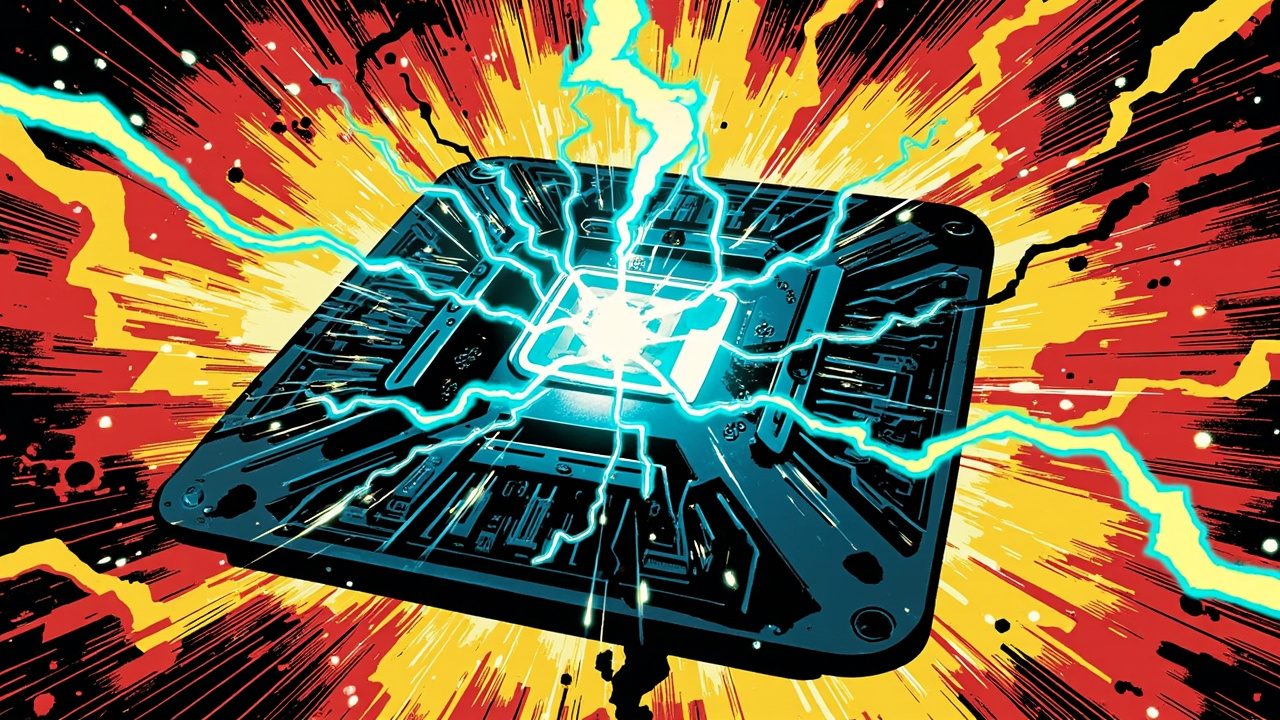 DC comic book style illustration of a sleek futuristic microchip with glowing cyan circuits and a silicon crystal center, lightning bolts emanating from the chip, blue and red color palette with a dramatic explosion of data streams in the background.