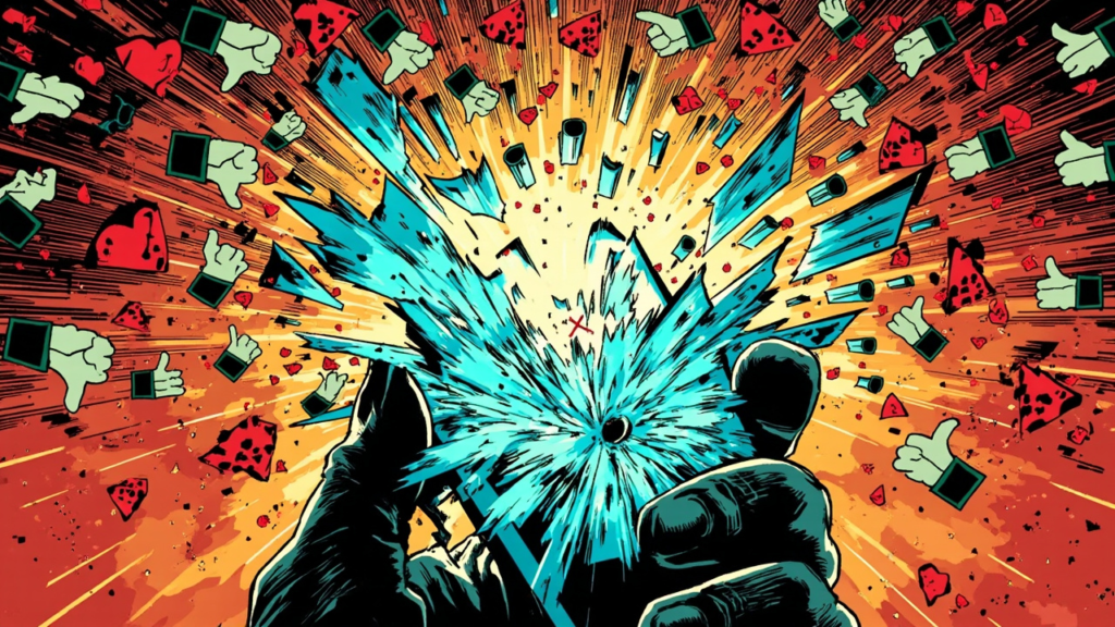 DC comic style illustration of a smartphone shattering with cyan AI pixels exploding outward, surrounded by angry user reaction icons