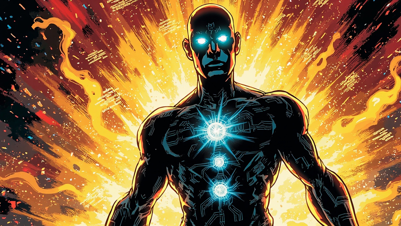 DC comic style hero illustration of a humanoid AI robot with three glowing model tier cores emerging from a portal of code and light